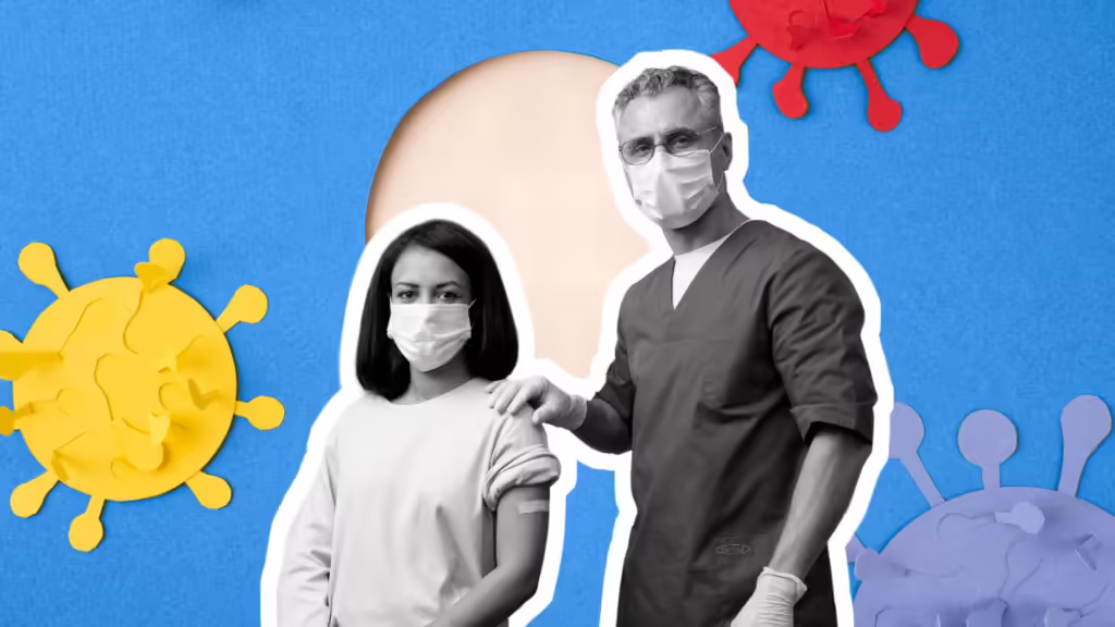A healthcare professional wearing scrubs and gloves stands beside a person with a bandage on their arm. Both are wearing face masks. Colorful, stylized virus illustrations are in the background.