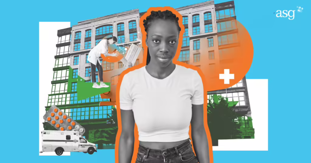 A person in a white shirt stands in the foreground, with a collage of buildings, a person using a laptop, an ambulance, and a pack of pills in the background. An "asg" logo is in the upper right corner.