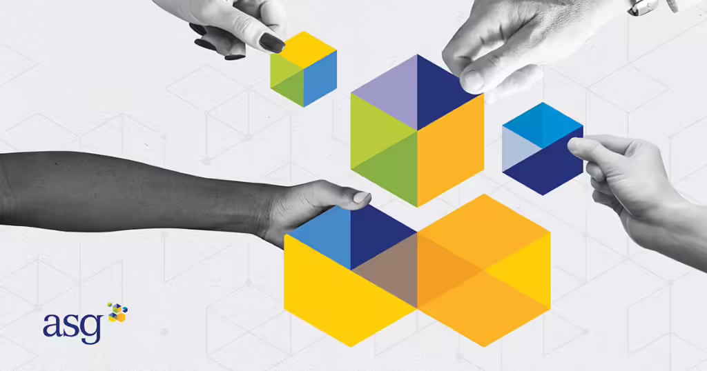 Four hands assembling colorful geometric blocks with the ASG logo in the bottom left corner.