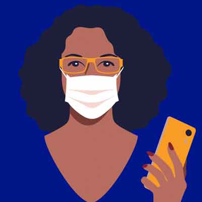Illustration of a person with curly hair, wearing glasses and a face mask, holding a yellow phone against a blue background.