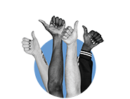 Four arms displaying thumbs-up gestures against a blue and white background.