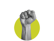 A grayscale image of a raised fist against a yellow background.