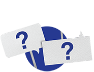 Two white speech bubbles with blue question marks on them overlap against a blue background.