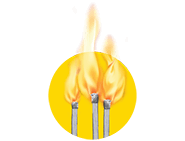 Three lit matches with orange flames against a yellow and red background.