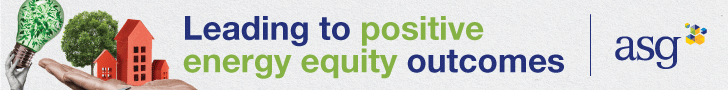 Banner with ASG logo and text “Leading to positive energy equity outcomes,” featuring a hand holding green energy symbols and red houses.
