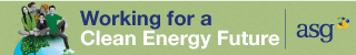 Banner with ASG logo and text “Working for a Clean Energy Future,” showing diverse people sitting on a globe against a green background.