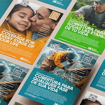A collection of multilingual Health Connector flyers featuring diverse individuals and the message “Coverage for Every Stage of Your Life.”
