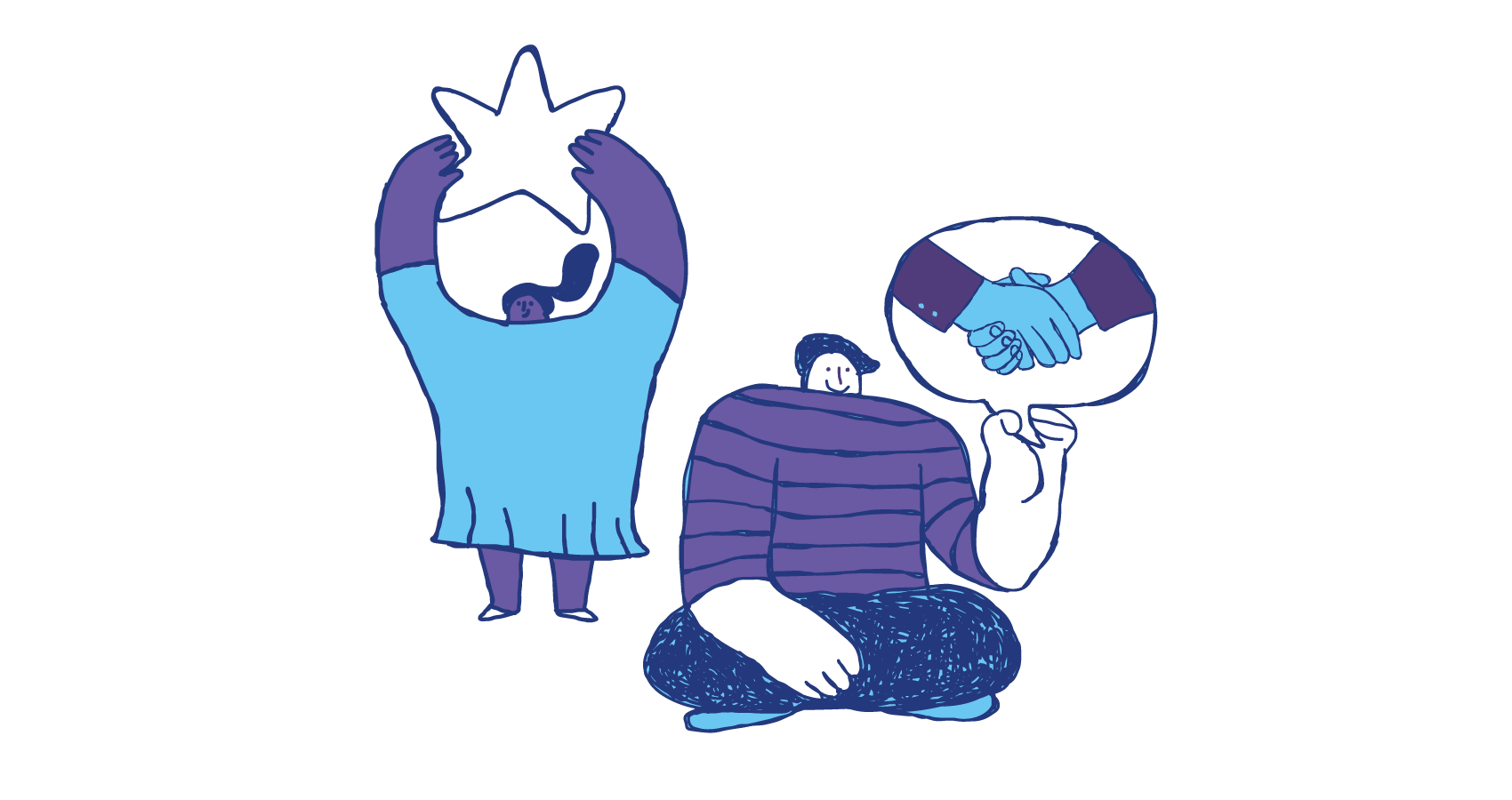 Illustration of two people: one holding a star overhead, the other seated holding a magnifier showing a handshake, symbolizing teamwork and recognition.