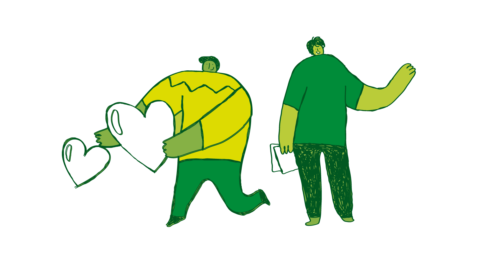 Illustration of two people: one carrying large white hearts, the other waving and holding a paper, symbolizing community care and outreach.