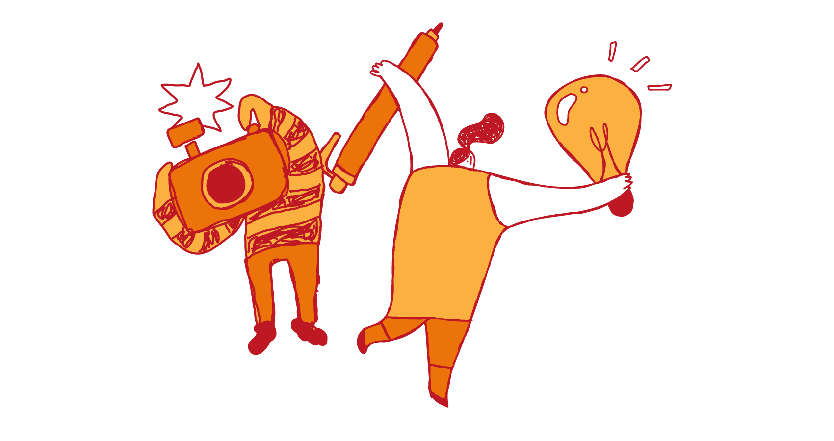 Illustration of two people: one holding a large camera with a flash, the other raising a pencil and lightbulb, symbolizing creativity and bright ideas.