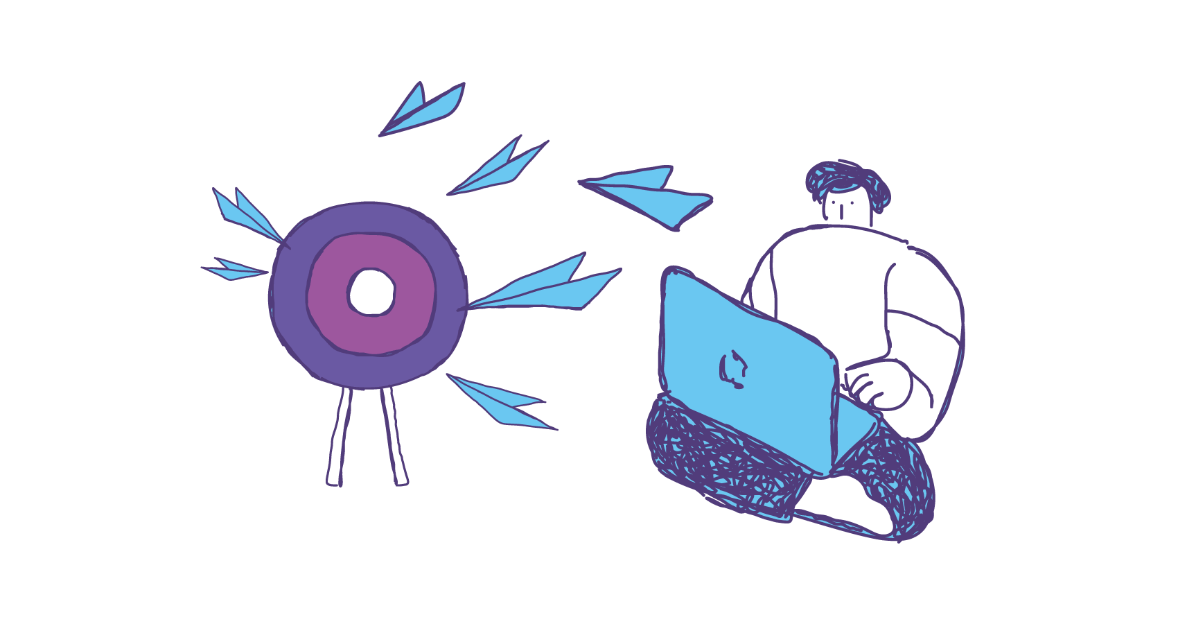 Illustration of a person using a laptop while paper planes fly toward a target, symbolizing digital strategy, media outreach, and goal-oriented marketing.