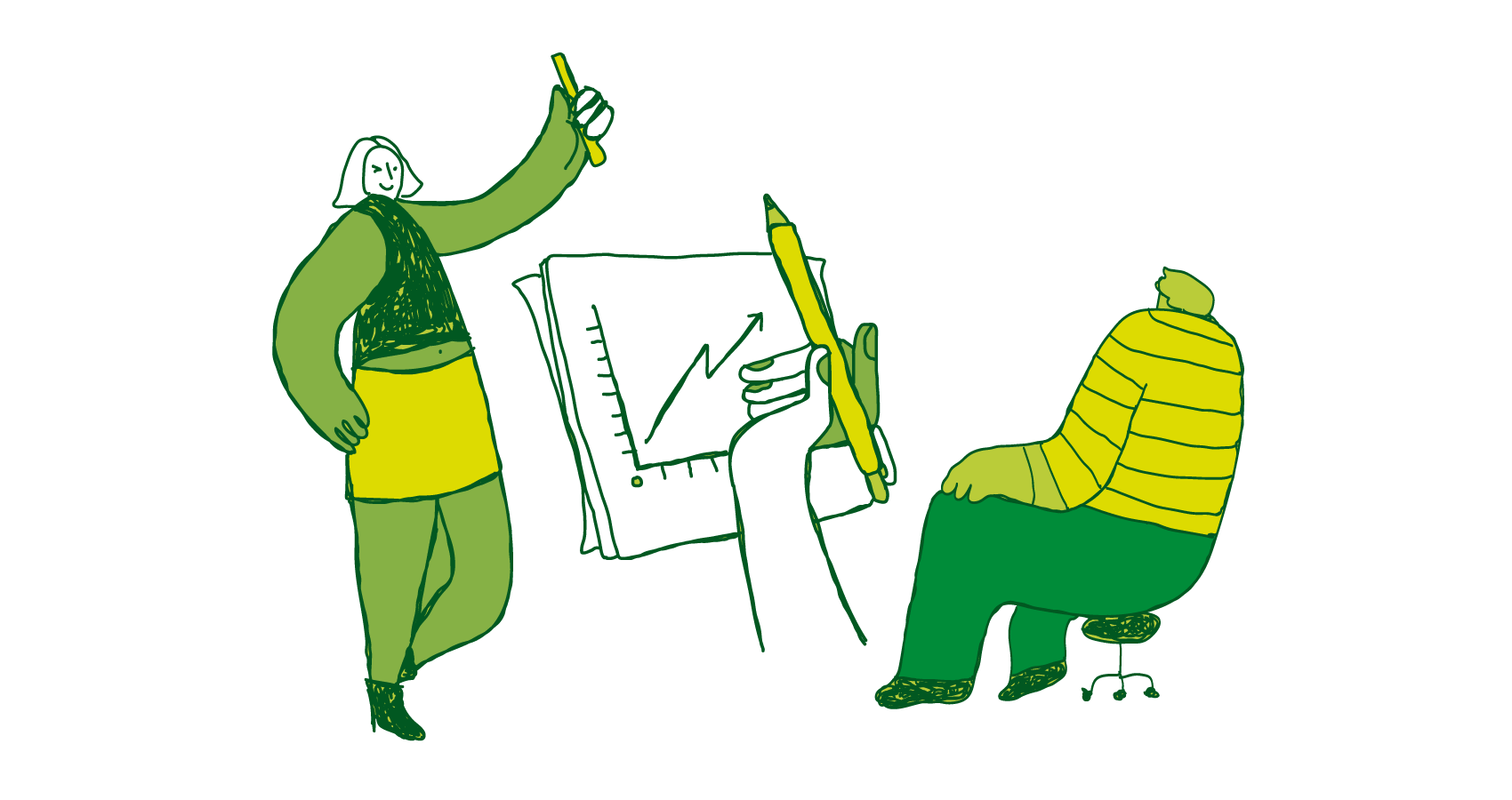Illustration of two people discussing a chart with an upward trend, symbolizing data analysis, public engagement, and strategic planning.
